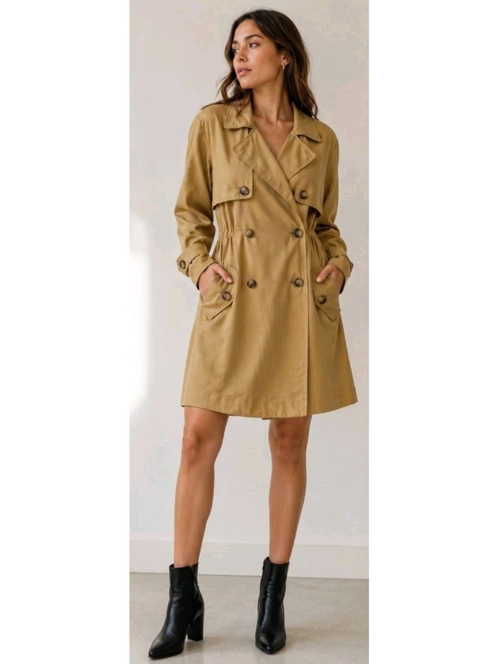 Vintage Gillian 100% Silk Trench Coat Dress Women Size 2 Mustard Gold Y2K